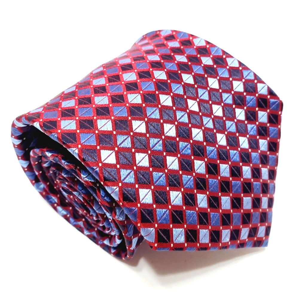 Villini Necktie Red & Blue Geometric Pattern Men's Silk Neck Tie Big & Tall